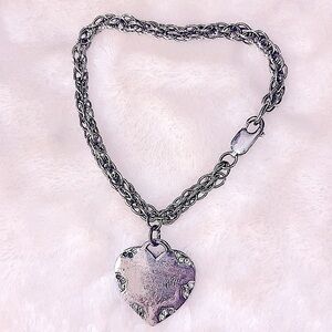 🩶 7” STAMPED STERLING SILVER RHINESTONE EMBELLISHED HEART CHARM LINK BRACELET